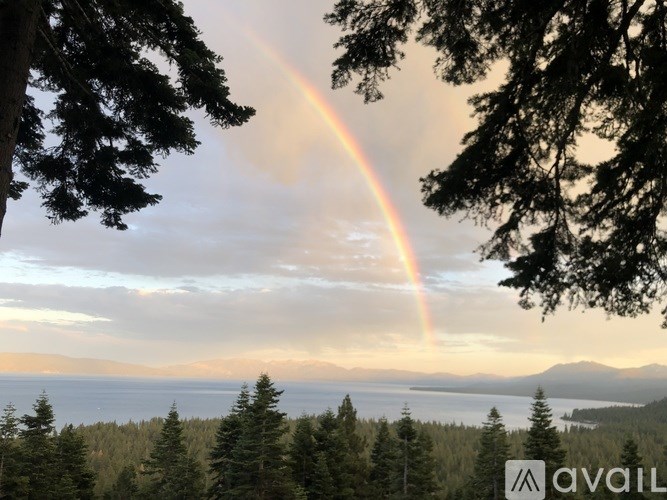 A rainbow appears in the sky over a forested landscape.