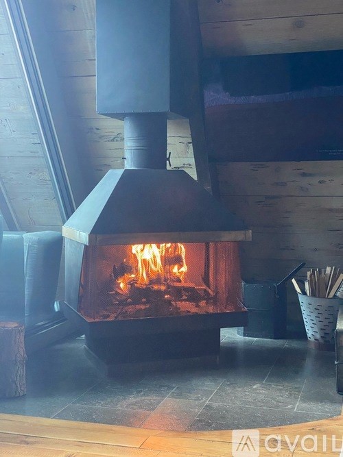 A wood stove is in a room with a log on the floor.