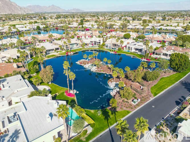 A large blue pool surrounded by palm trees and houses.