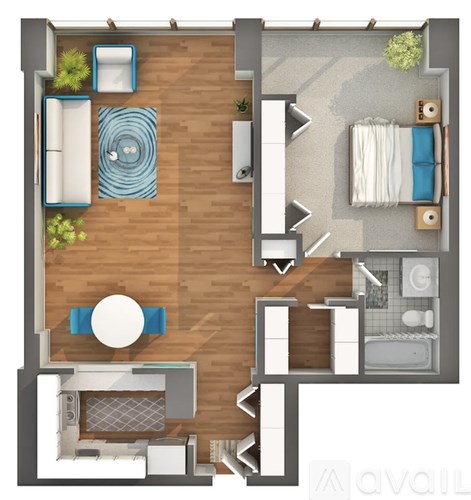 A floor plan of a small apartment with a kitchen, living room, and bathroom.