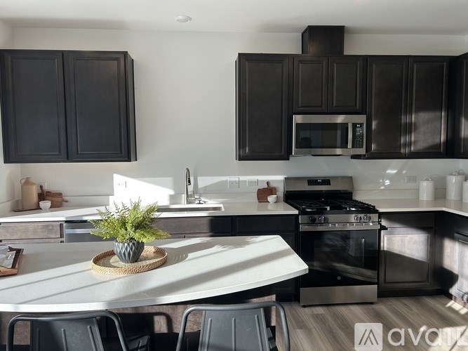 A modern kitchen with black cabinets and stainless steel appliances.
