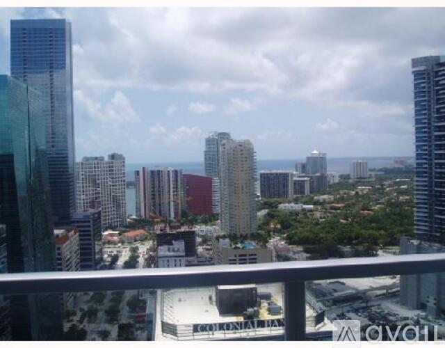 A cityscape with tall buildings and a cloudy sky.