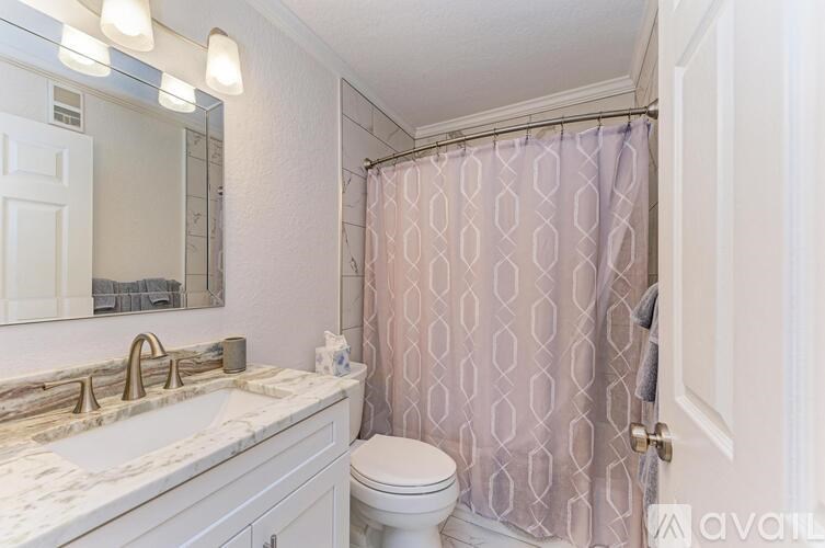 A bathroom with a toilet, sink, and shower curtain.
