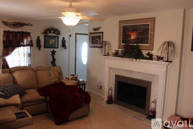 A living room with a fireplace and a couch.