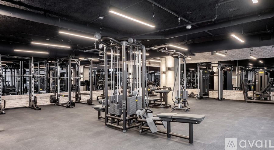 A gym with a variety of equipment including a squat rack, bench, and weights.