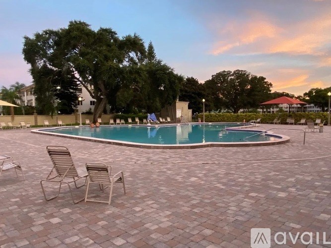 A pool surrounded by chairs and trees.