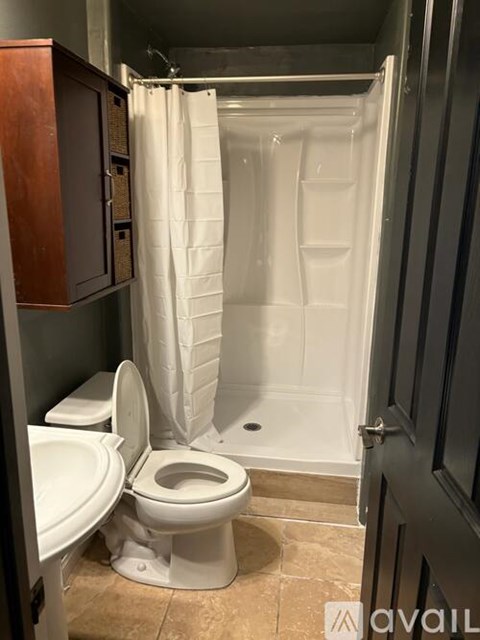 A bathroom with a toilet and a shower stall.