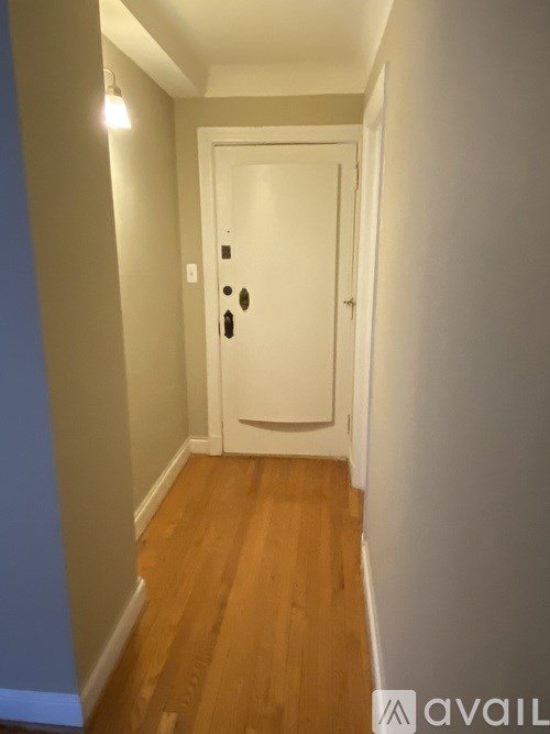 A hallway with a white door and wooden floor.