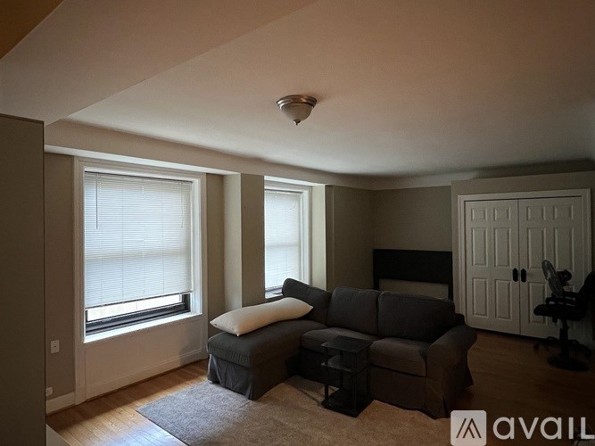 A living room with a grey couch and a grey rug.