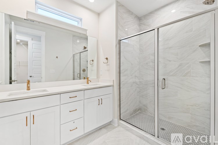 A modern bathroom with a walk-in shower and a large mirror above the sink.