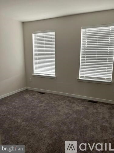 A room with carpeted floor and two windows with blinds.