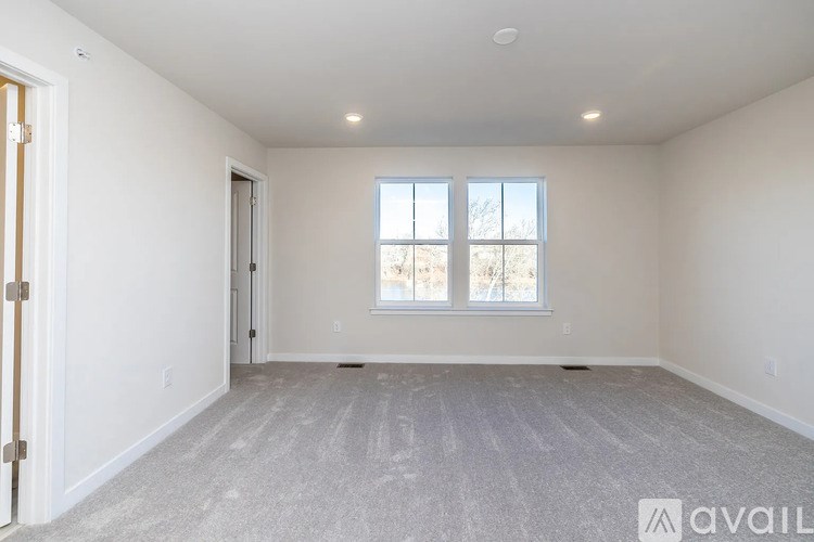 A spacious room with a carpeted floor and a window with a view of a tree.