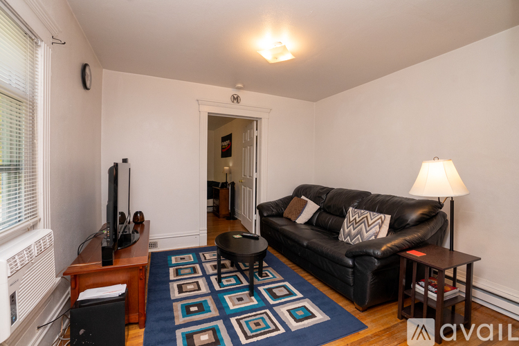 A living room with a black couch and a blue rug.