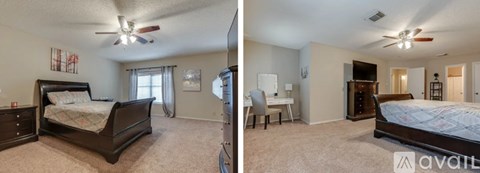 A bedroom with a large bed and a desk.