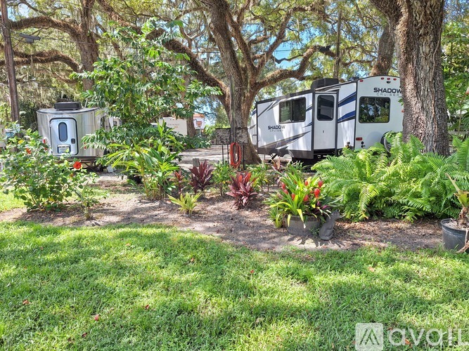 A camper van is parked in a grassy area with trees and plants.