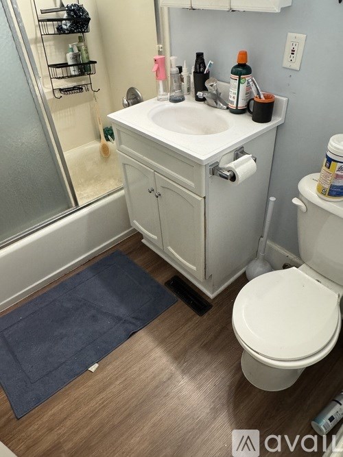 A bathroom with a white toilet, sink, and a blue rug on the floor.