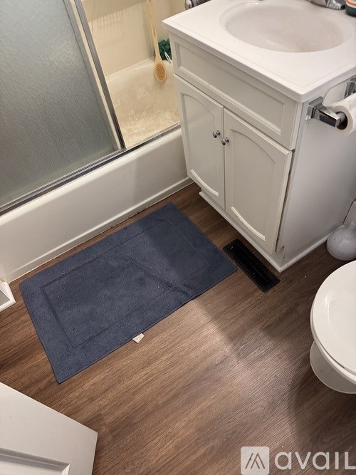 A bathroom with a white sink and a blue rug on the floor.
