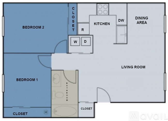 A floor plan of a living area with two bedrooms and a kitchen.