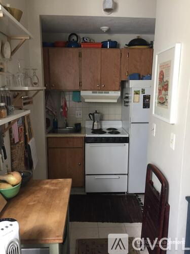 A small kitchen with a white refrigerator and wooden cabinets.