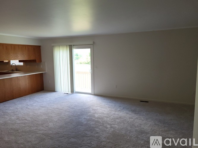 A carpeted room with a kitchen area and a sliding glass door.