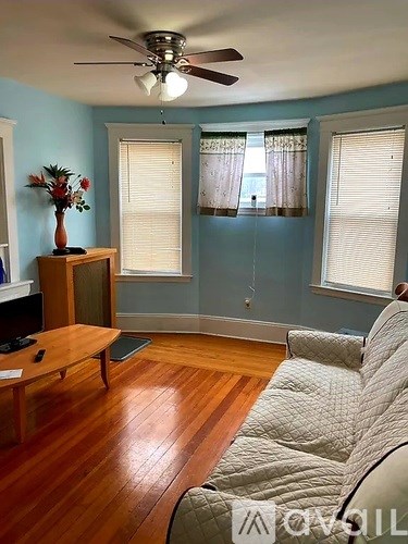 A living room with a couch, a coffee table, and a ceiling fan.