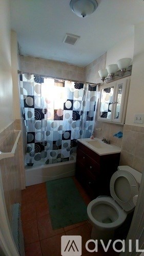 A bathroom with a toilet, sink, and shower curtain.