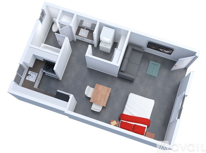 A top-down view of a living room with a couch, chair, and television.