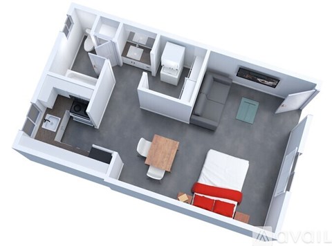 A top-down view of a living room with a couch, chair, and television.