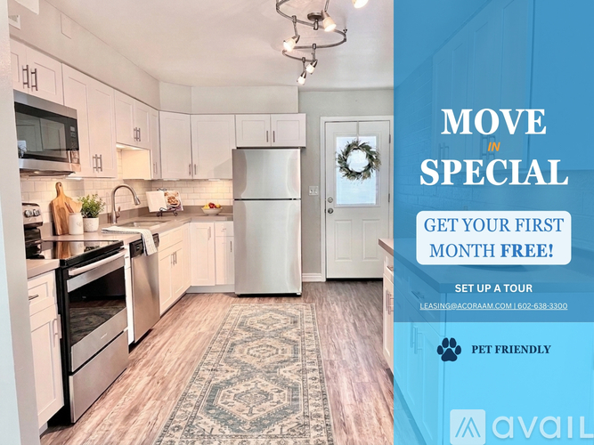 A modern kitchen with a promotion for a free first month.