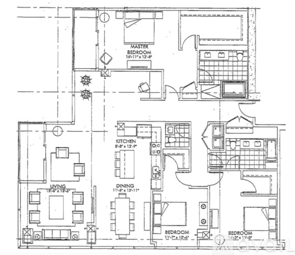A floor plan of a house with a master bedroom, kitchen, living room, dining room, and two additional bedrooms.