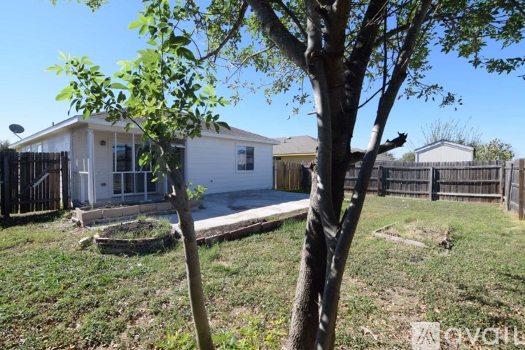 A tree stands in the front yard of a white house.