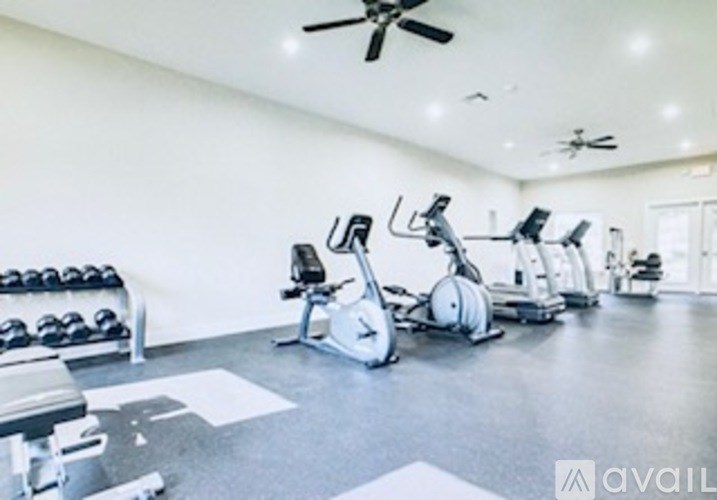 A gym with a variety of equipment including treadmills, stationary bikes, and weight machines.