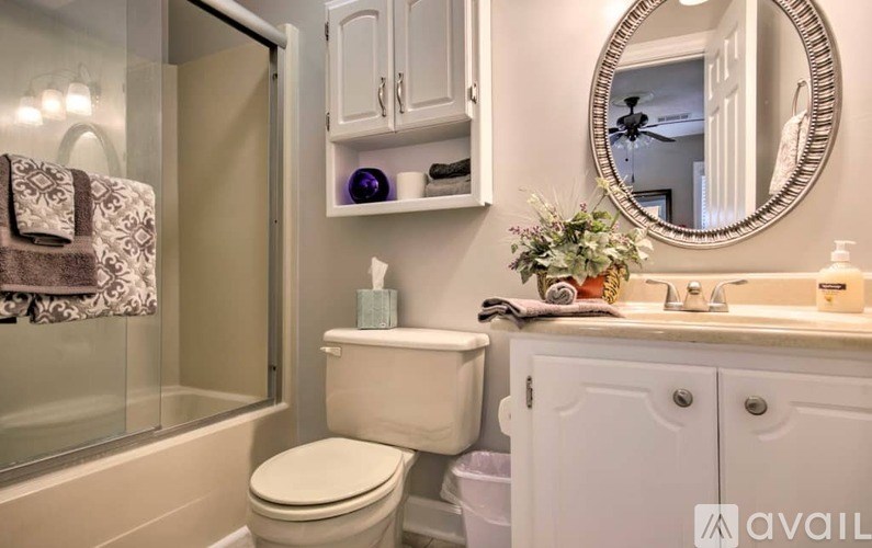 A bathroom with a toilet, sink, and mirror.