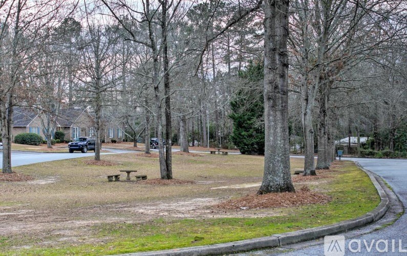 A park with a bench and trees.