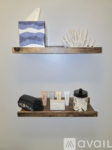 A shelf with a Makeup bag and some cosmetic products.