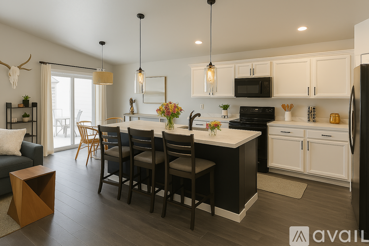 A modern kitchen with a black and white color scheme.