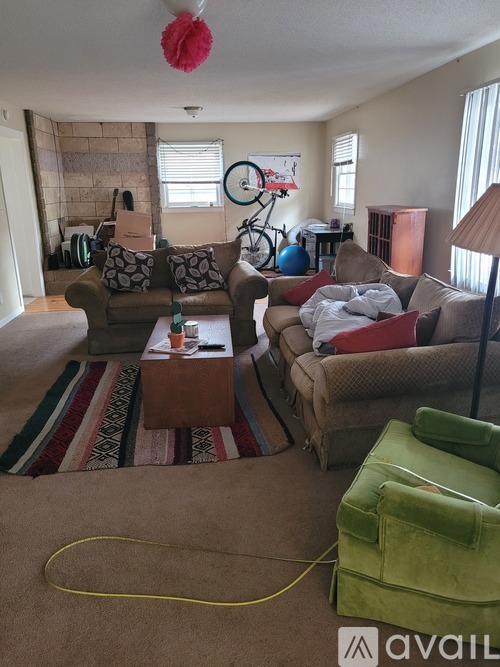 A living room with a couch, chair, and rug.