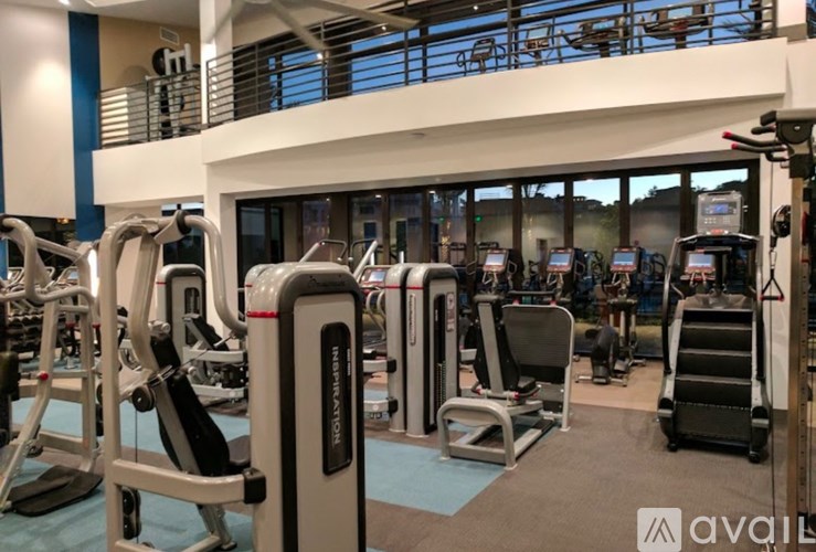 A gym with various exercise machines and a blue mat on the floor.