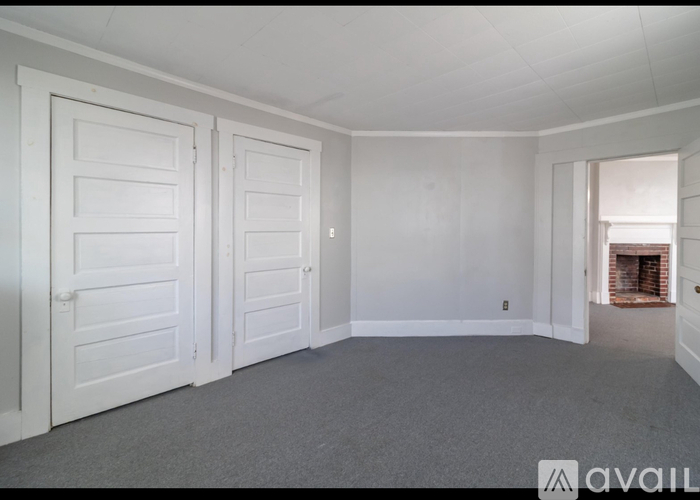 A room with two doors and a fireplace in the background.