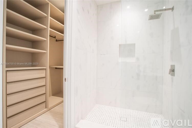 A bathroom with a walk-in shower and a large open closet.