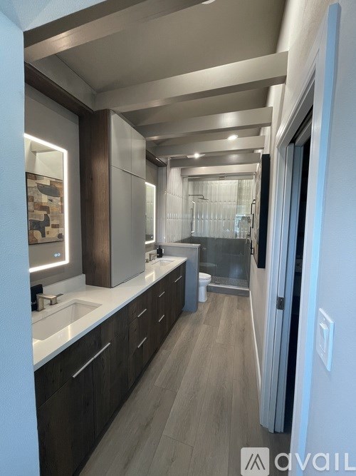 A modern bathroom with a walk-in shower and double sinks.
