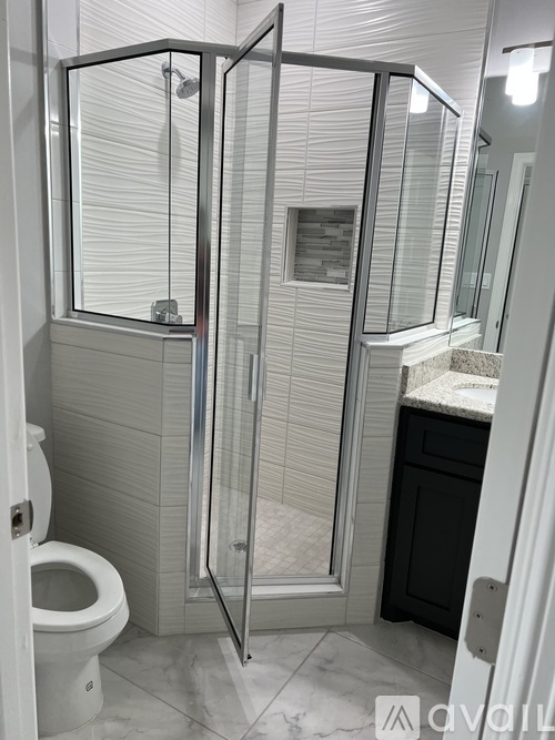 A white toilet is next to a walk-in shower.