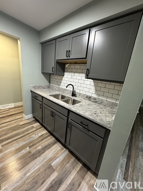 A kitchen with a sink and cabinets.