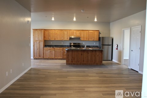A kitchen with wooden cabinets and a wooden floor.