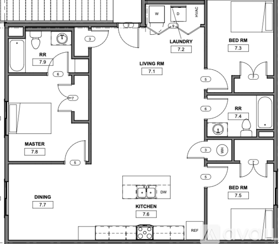 A black and white image of a floor plan for a two-bedroom apartment.