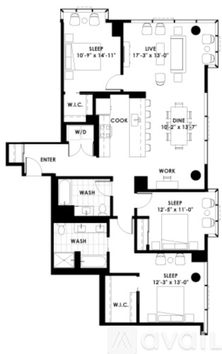A black and white image of a floor plan for a two-bedroom apartment.