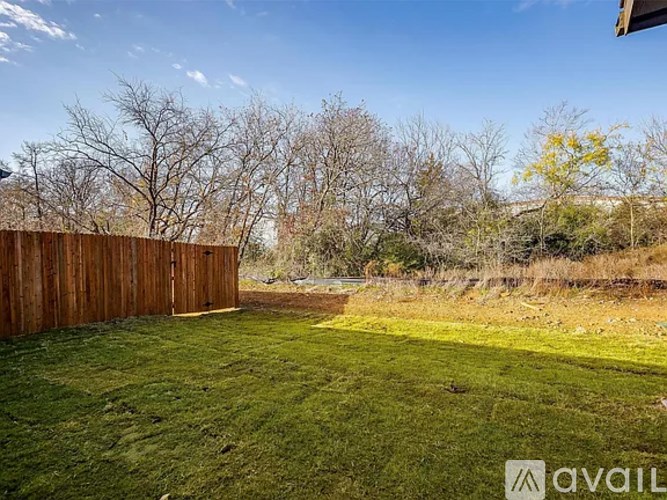 A backyard with a wooden fence and a green lawn.