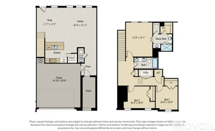 A floor plan of a two-story house with a garage on the first floor and a loft on the second floor.