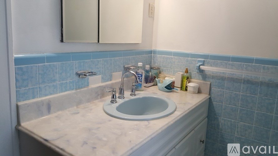 A bathroom sink with a mirror above it.