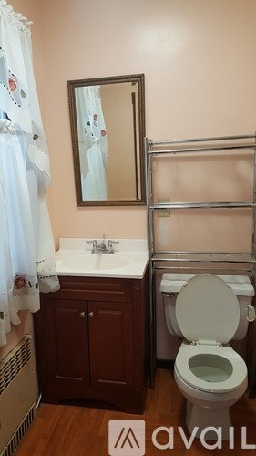 A bathroom with a toilet, sink, and mirror.